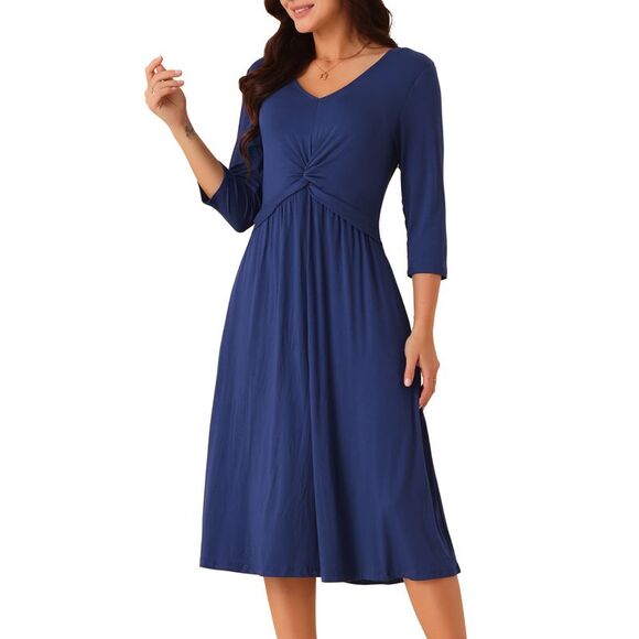 Twist Knot Front 3/4 Sleeve Casual A-line Midi Dress with Pockets Dark Blue - Picture 1 of 5